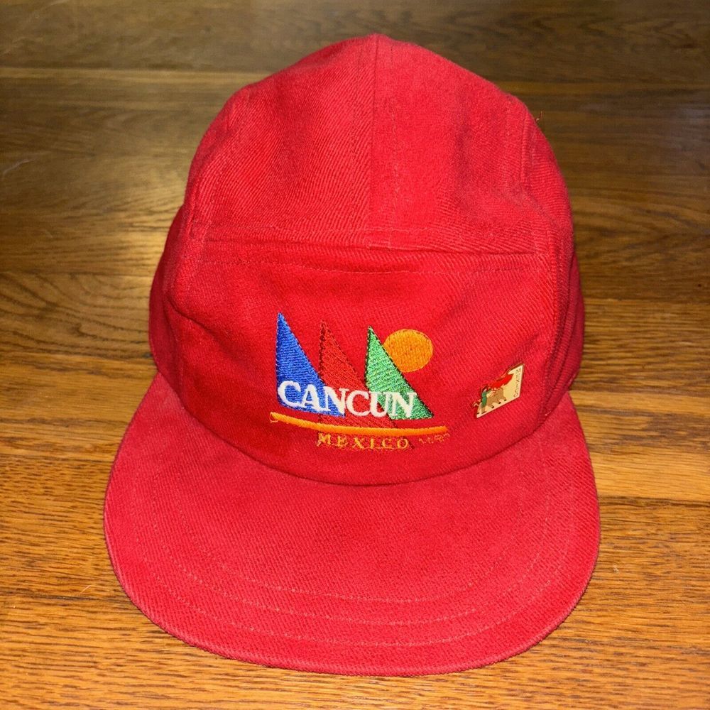 VTG Cancun Mexico‎ Embroidered 5-Panel Snapback Hat Red Corduroy Bullfighter Pin